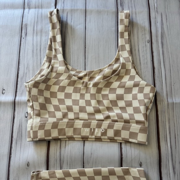 Wilo the Label Brown White Wave Print Checkered Workout Set XS Activewear - Picture 5 of 10